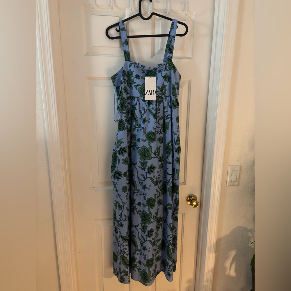 Zara Blue Dress with Green Floral Design
